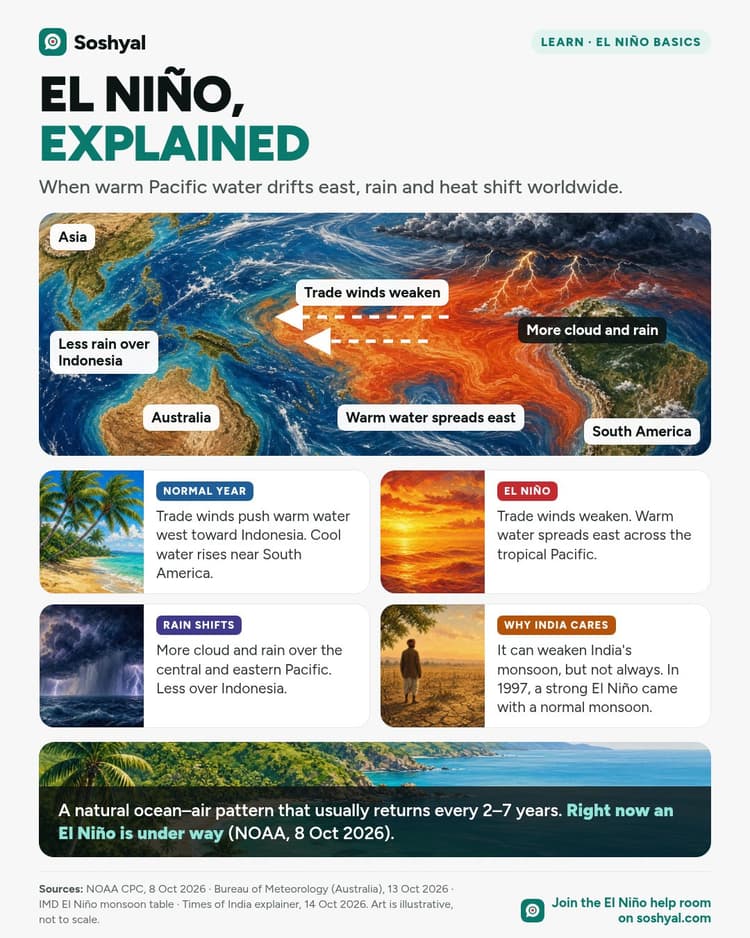 Painted globe of the Pacific with arrows showing trade winds weakening and warm water spreading east, more cloud over the east Pacific and less rain over Indonesia, with four illustrated panels on normal years, El Niño, rain shifts and why India cares.