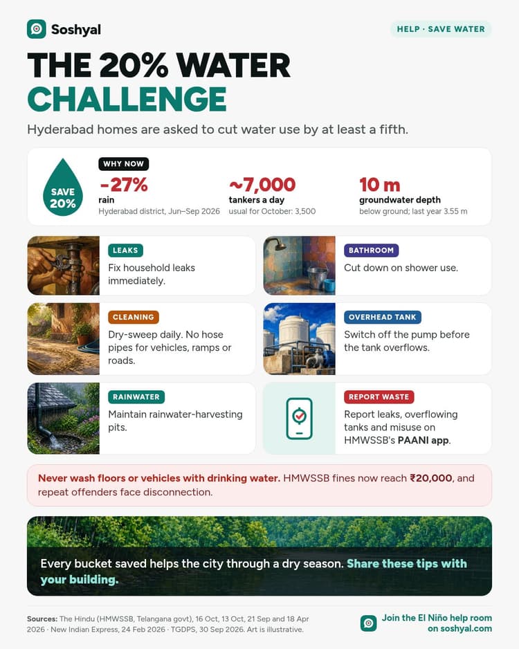 Water-drop graphic reading save 20%, with why-now figures for rain, tankers and groundwater, six painted tip panels on leaks, showers, dry sweeping, tank overflow, rainwater pits and the PAANI app, and a red banner on fines of up to ₹20,000.